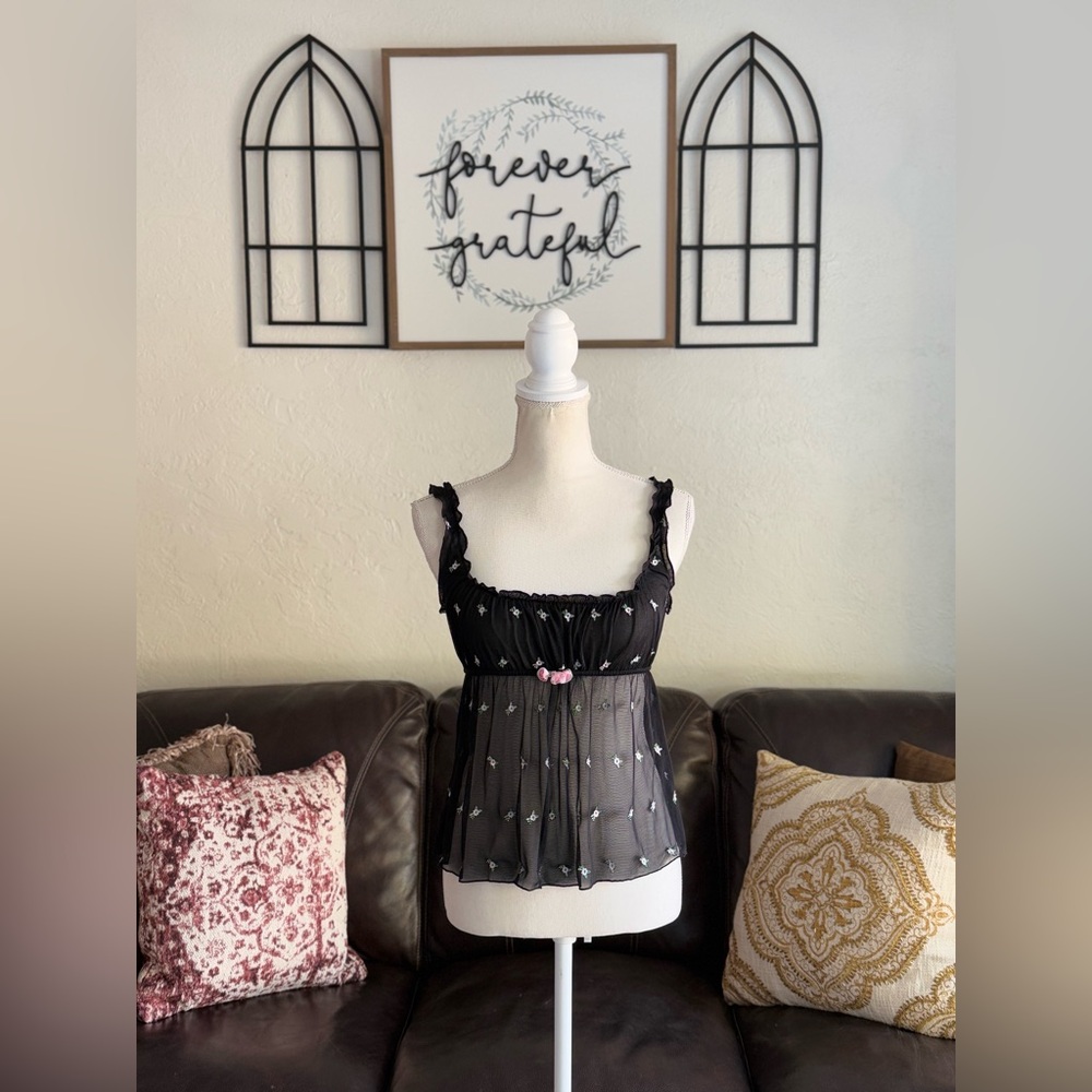 Y2k Victoria's Secret‎ Mesh Floral Embroidered Corset Milk Maid Tank Top Size L - Picture 2 of 15